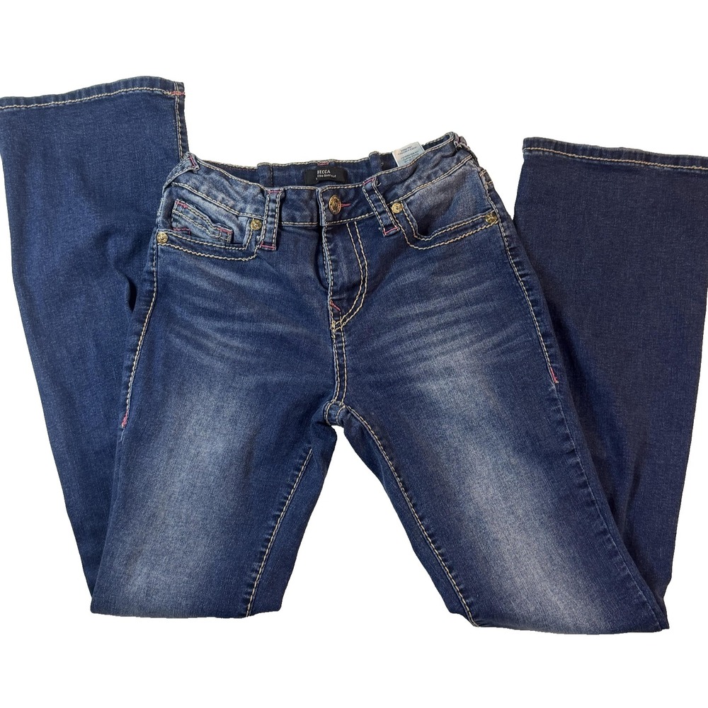 True Religion Becca Jeans Womens 28 Blue Mid Rise Bootcut Y2K McBling Red Stitch